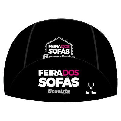 Boné preto com texto e logotipos brancos e rosa