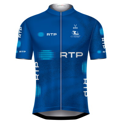 Camisola ciclismo azul com logótipos RTP e texto 43 Volta ao Alentejo em Bicicleta