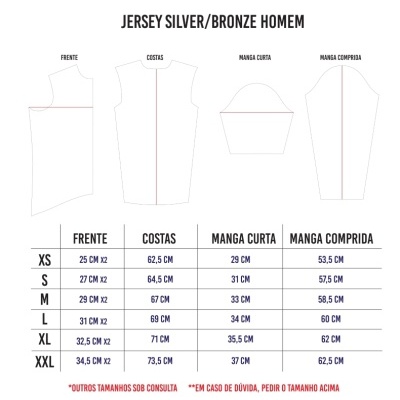 Desenho técnico de jersey prata/bronze para homem com tabela de tamanhos e medidas