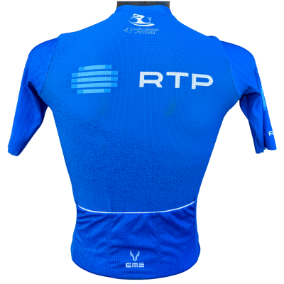 Camisola de ciclismo azul com logos e bolsos traseiros