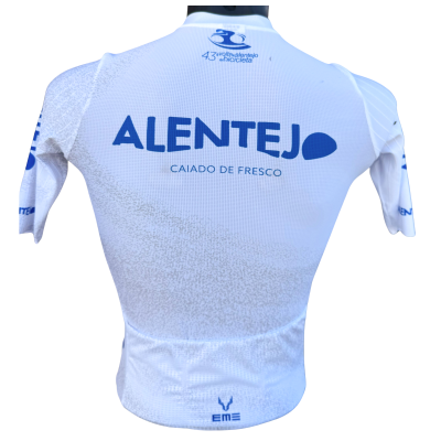 Camisola ciclismo branca com texto azul e logótipos