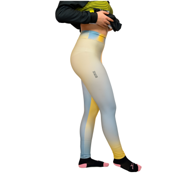 Leggings desportivas femininas degradé azul claro, amarelo e bege com logo EMÉ