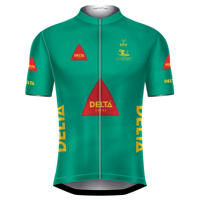 Camisola verde de ciclismo com logótipos DELTA CAFÉS e texto 43 VOLTA ALENTEJO em BICICLETA