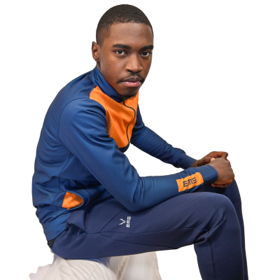 Conjunto desportivo azul escuro com detalhes laranja em tecido sintético