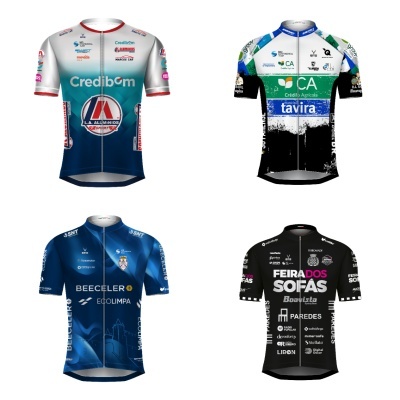 Quatro camisolas ciclismo coloridas com logotipos e fecho à frente.