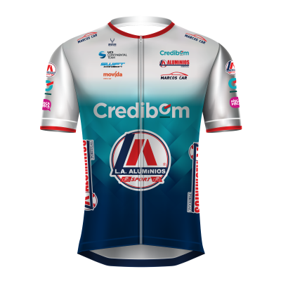 Camisola de ciclismo branca com logos e degradê azul esverdeado
