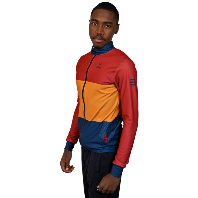 Corta-vento para homem com faixas horizontais vermelha, amarela e azul escuro