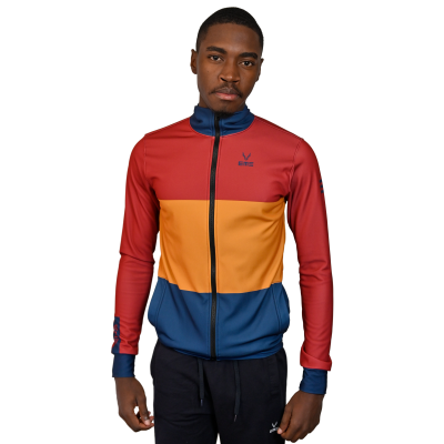 Casaco desportivo com cores vermelho, amarelo e azul e fecho à frente