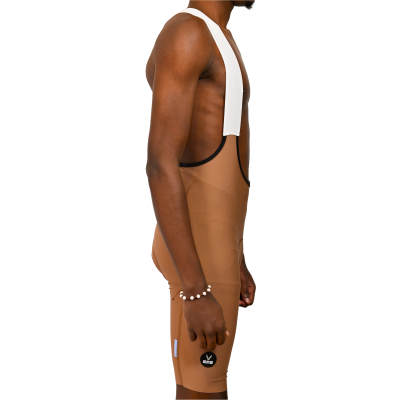 Calções de ciclismo castanhos e pretos com alças brancas e logótipo