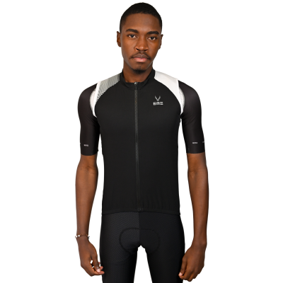 Colete de ciclismo preto e branco com logo EKOI, tecido ajustado, fecho de correr frontal