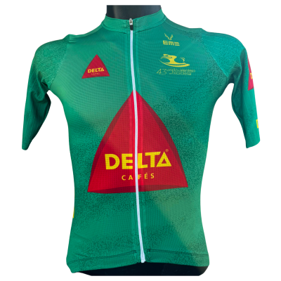 Camisola de ciclismo verde com logos DELTA CAFÉS e outros, com fecho branco