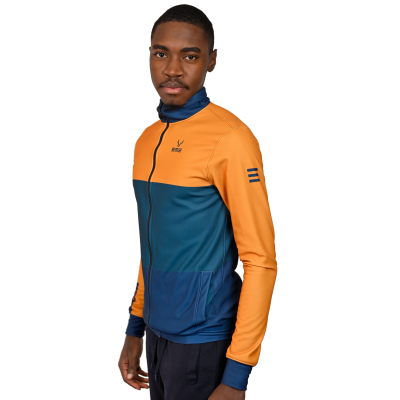 Camisola de ciclismo laranja, verde e azul com zíper frontal e bolso