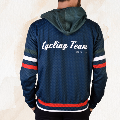 Casaco desportivo azul escuro com capuz e texto branco Cycling Team visto de trás