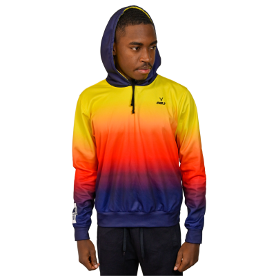 Sweatshirt com capuz em padrão degradê amarelo, vermelho e azul com fecho meio zíper