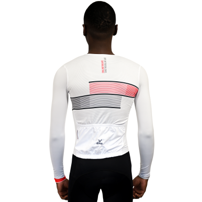 Camisola de ciclismo branca de manga comprida com padrões vermelhos e cinzentos vista de costas