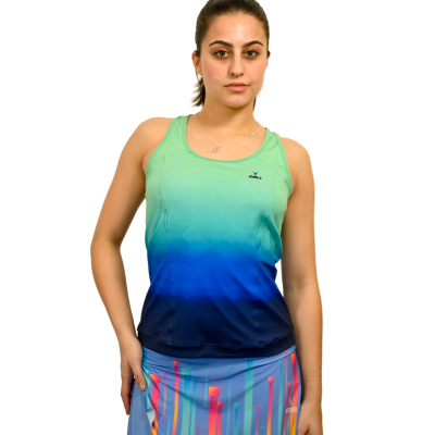 Regata desportiva verde a azul com saia colorida com riscas