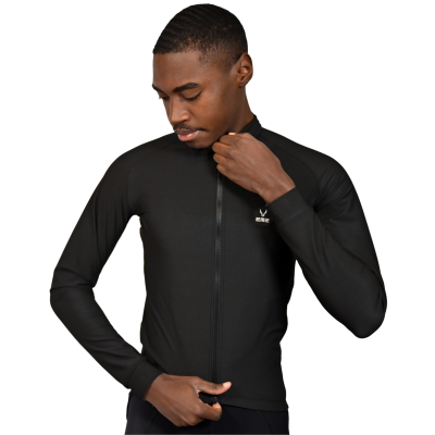 Casaco esportivo preto com fecho de correr e logótipo branco no peito