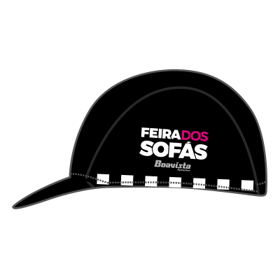 Chapéu de ciclismo preto com texto FEIRA DOS SOFÁS e Boavista Cycling Team