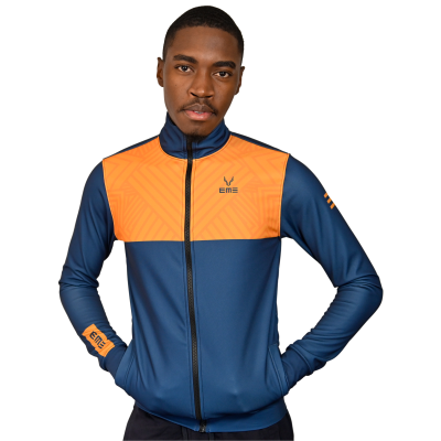 Casaco desportivo azul e laranja com fecho e logótipo EMS