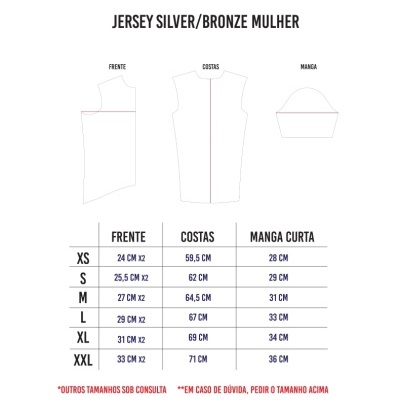 Tabela e desenhos técnicos para jersey feminino Silver/Bronze com medidas em cm