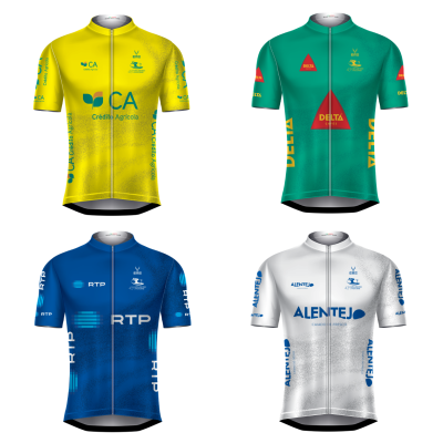 Quatro camisolas de ciclismo coloridas com vários textos e logos.