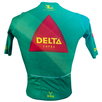 Camisola de ciclismo verde com logótipo Delta Cafés na parte de trás