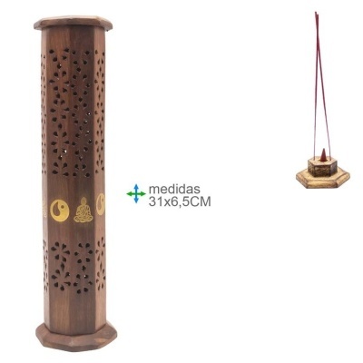 Porta-incenso de madeira com padrão floral e símbolos dourados junto a suporte para incenso