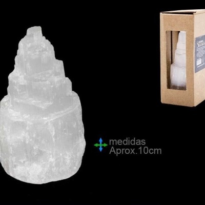 Cristal branco translúcido em forma de montanha com embalagem de cartão castanho