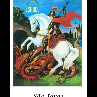 São Jorge montado num cavalo branco a matar um dragão vermelho com texto ESPAÇO.