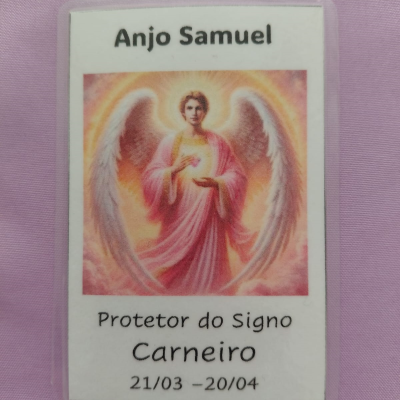 Cartão com anjo Samuel protetor do signo Carneiro, datas 21/03 a 20/04.