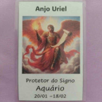 Cartão com imagem de anjo e texto sobre Anjo Uriel e signo de Aquário