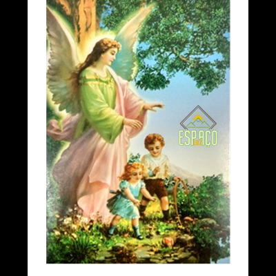 Ilustração de um Anjo da Guarda com duas crianças num jardim