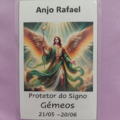 Cartão plastificado do Anjo Rafael, protetor do signo Gémeos com imagem de anjo e texto