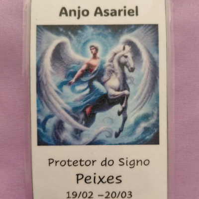 Cartão plastificado Anjo Asariel para signo Peixes com imagem de anjo e cavalo branco alado