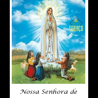 Nossa Senhora de Fátima com três crianças ajoelhadas e céu azul
