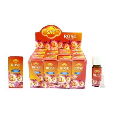 Óleo perfumado SAC ROSE em caixa e frasco com imagem de rosas e textos