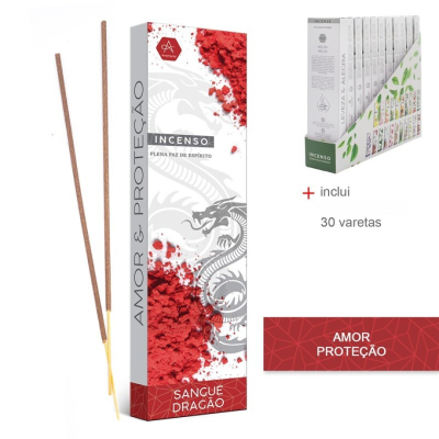 Caixa de incenso Amor & Proteção Sangue Dragão com duas varetas e embalagem branca com vermelho e dragão cinzento