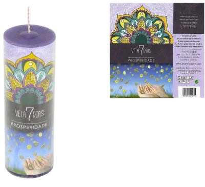 Vela roxa alta 7 dias com etiqueta colorida e texto Prosperidade