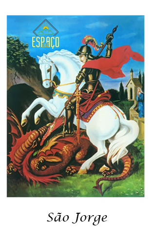 São Jorge montado num cavalo branco a matar um dragão vermelho com texto ESPAÇO.