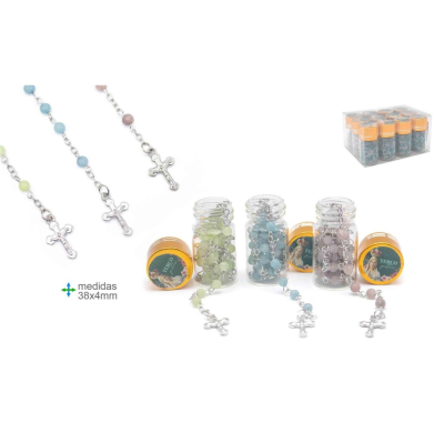 Terços com contas coloridas em frascos transparentes com tampas amarelas