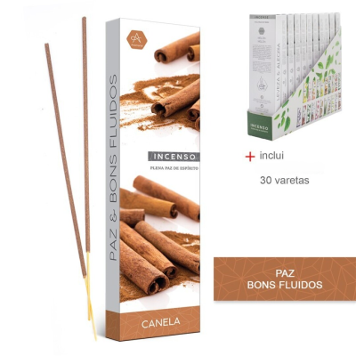 Embalagem de incenso com palitos ao lado e texto sobre 30 varetas incluídas