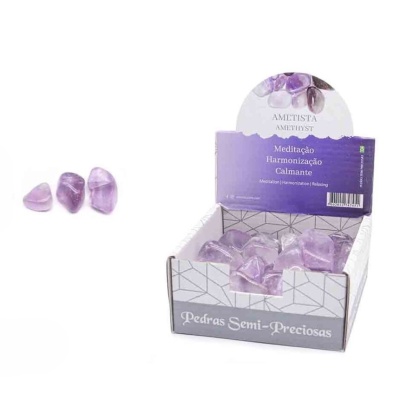 Pedras semi-preciosas de ametista lilás dentro de caixa exibidora