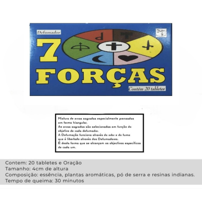 Embalagem azul de incenso 7 Forças com símbolos coloridos e texto em amarelo