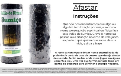 Vela preta de ritual com instruções em português sobre afastar energias negativas
