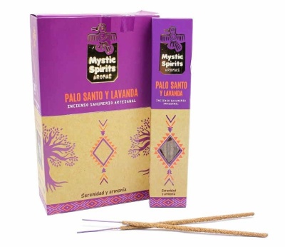 Caixa e pacote de incenso Mystic Spirits Palo Santo y Lavanda com varetas de incenso à frente