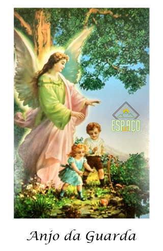 Ilustração de um Anjo da Guarda com duas crianças num jardim