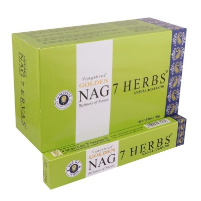 Embalagem verde e branca de incenso Viayushree Golden Nag 7 Herbs