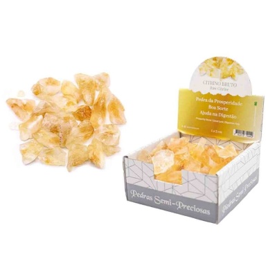 Pedras semi-preciosas citrino em caixa branca com texto em português