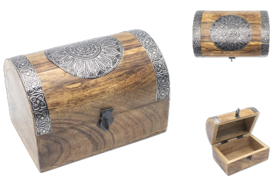 Caixa de madeira decorativa com padrões florais metálicos prateados