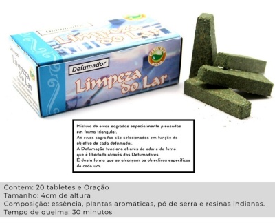 Defumadores triangulares verdes ao lado de caixa azul com texto 'Defumador Limpeza do Lar'